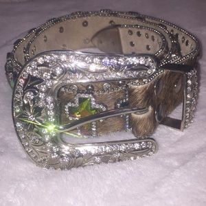 Genuine Leather Cowhide Rhinestone Cross Belt